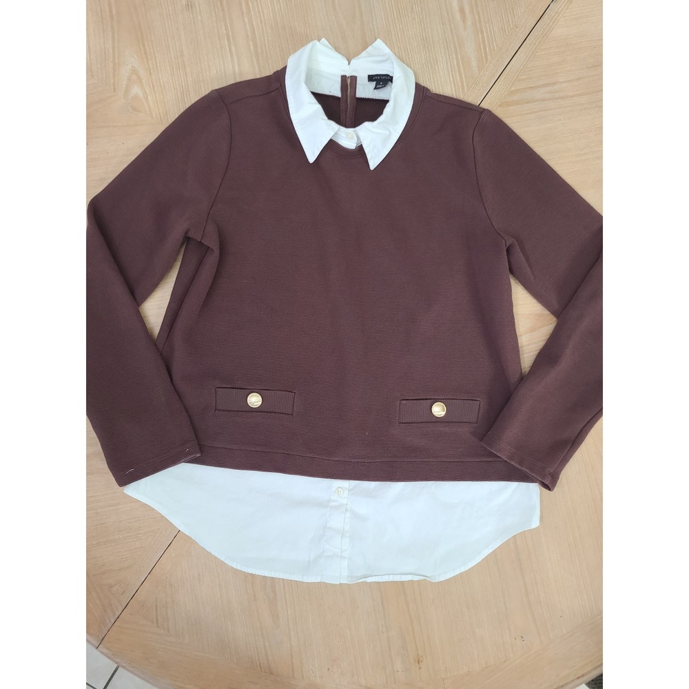 Ann Taylor Mixed Media Top Women Size M Brown White Gold Buttons Layered